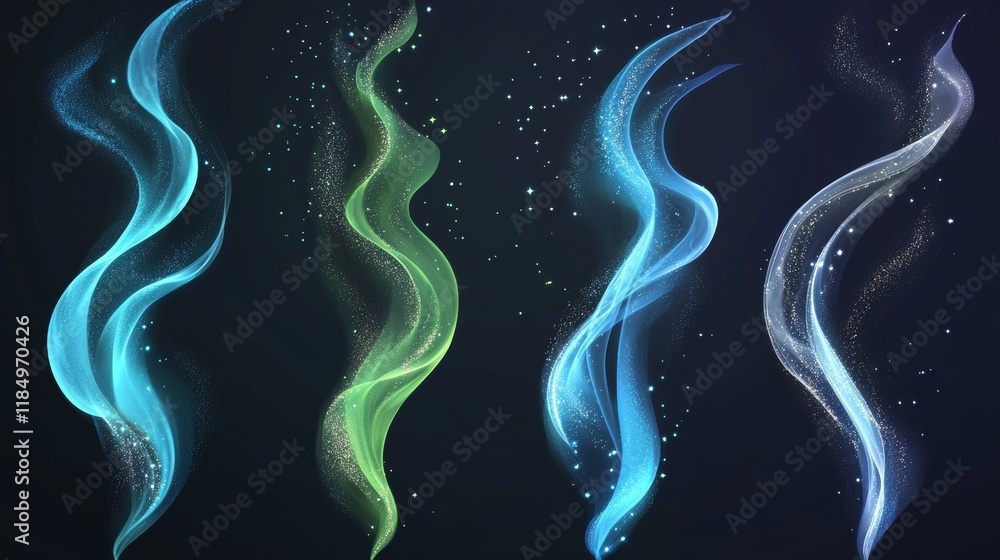 Naklejka premium Turquoise air wind flow vector effect set. Magic 3d fresh swirl with cold and frosty breath stream. Fantasy mint vortex tornado with dust and sparkle. Peppermint twist on transparent background