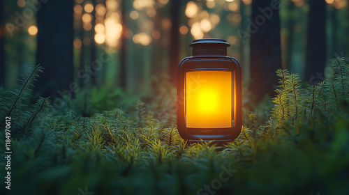 A glowing lantern stands alone in a dark, dense forest, symbolizing hope, resilience, and guidance amidst uncertainty. Blurred empty space suggests chaos and limitless potential beyond.
 photo