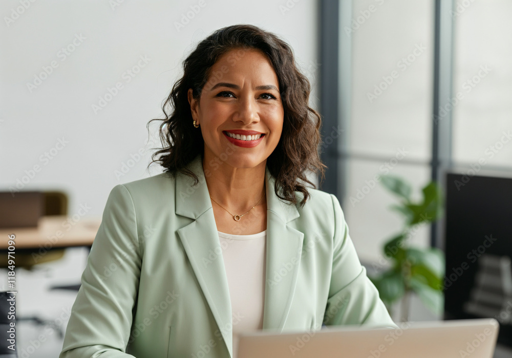 Confident businesswoman smiling while using laptop in office, showing professionalism and success in corporate environment Confident businesswoman smiling while using laptop in office, showing professionalism and success in corporate environment