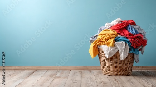 This image features a colorful pile of laundry set against a solid backdrop, emphasizing the vibrancy of the fabrics and the commonplace nature of everyday chores.