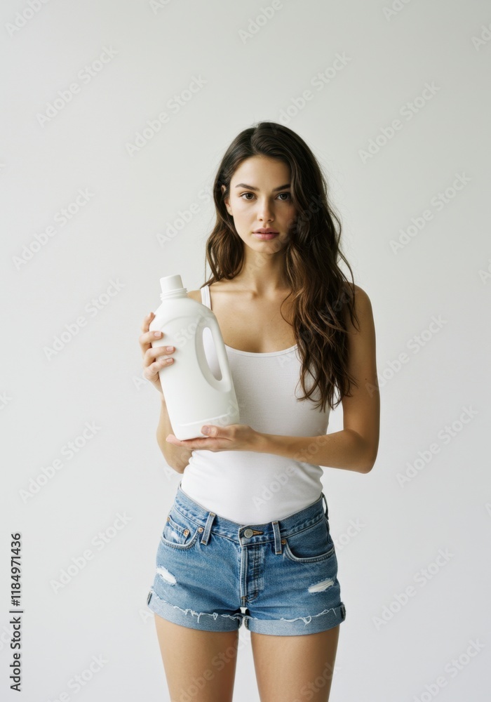 Woman in casual outfit holding plastic detergent bottle in simple studio setting Woman in casual outfit holding plastic detergent bottle in simple studio setting