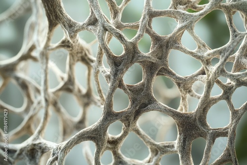 Microscopic image of porous bone structure, showing intricate network of trabeculae.
