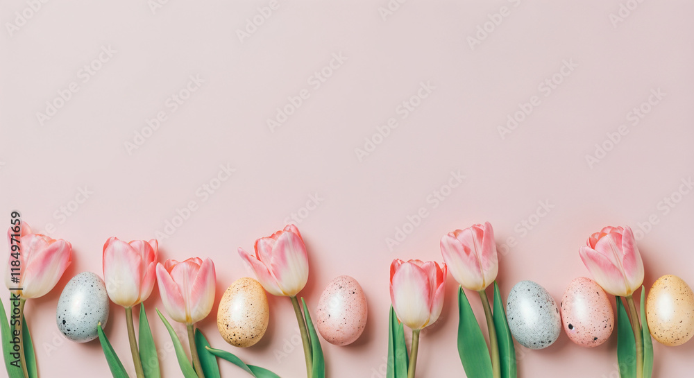 Easter eggs and pink tulips forming a bottom border on a pink background, perfect for spring and easter projects Easter eggs and pink tulips forming a bottom border on a pink background, perfect for spring and easter projects