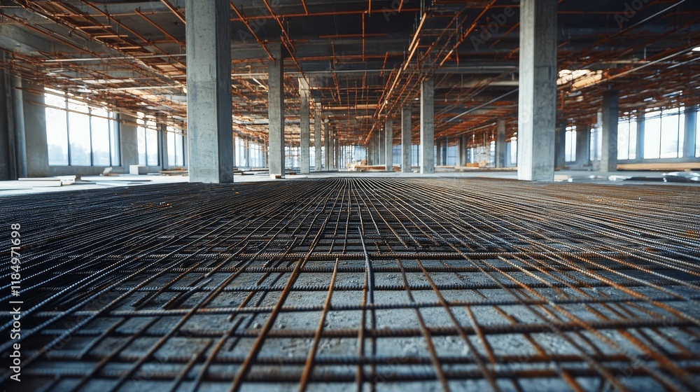 Reinforcement mesh on concrete floor, large building under construction. Reinforcement mesh on concrete floor, large building under construction.