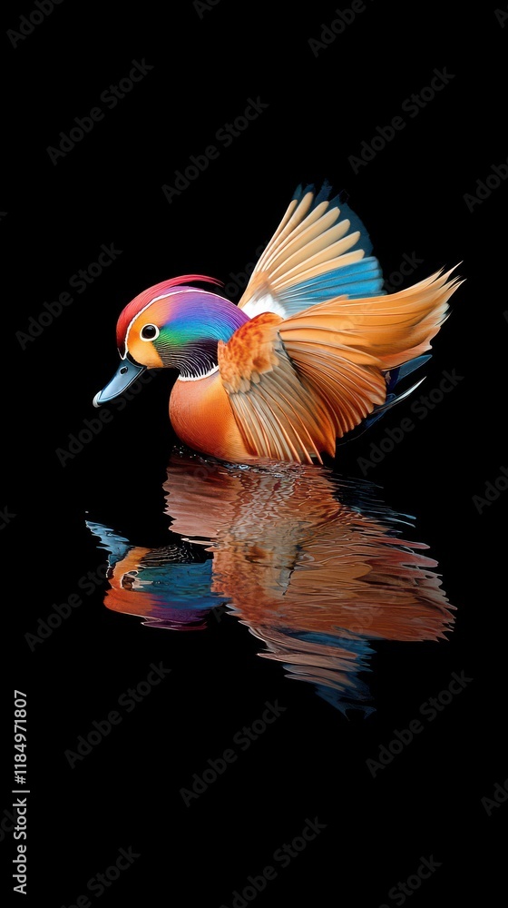 Fototapeta premium A vibrant male mandarin duck gracefully gliding across a reflective dark water surface, showcasing its colorful plumage.