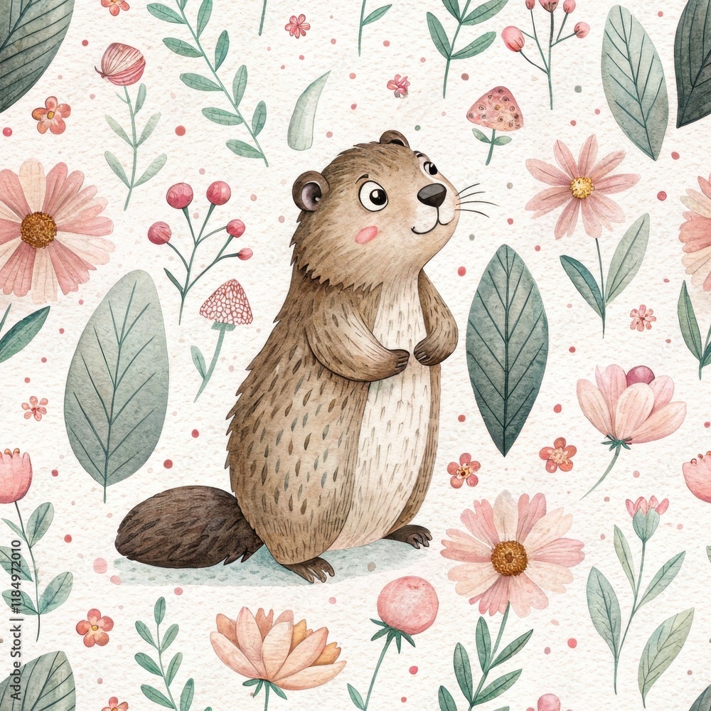 Fototapeta premium Adorable groundhog with floral pattern in whimsical pastel design