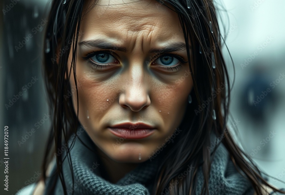 Wet woman standing under rain, focused on her face and eyes Wet woman standing under rain, focused on her face and eyes