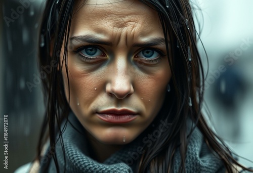 Wet woman standing under rain, focused on her face and eyes