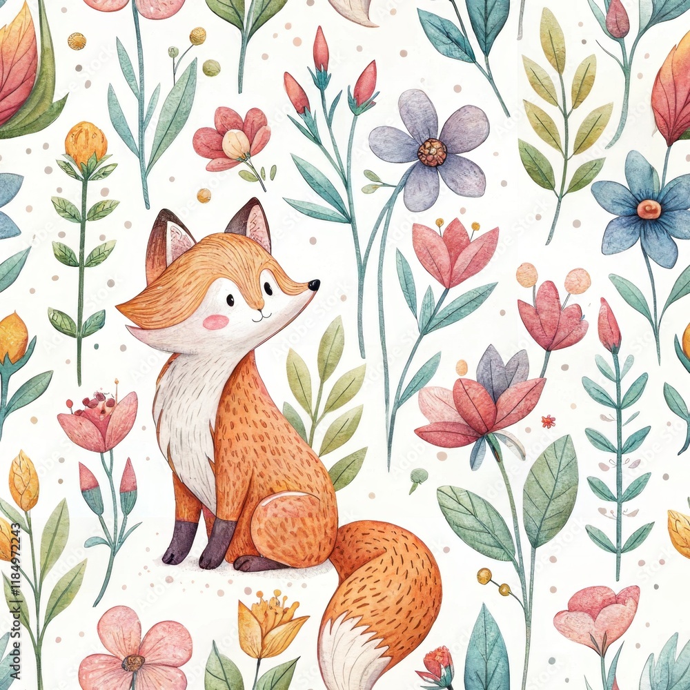 Fototapeta premium Charming fox amidst vibrant floral meadow: whimsical nature art