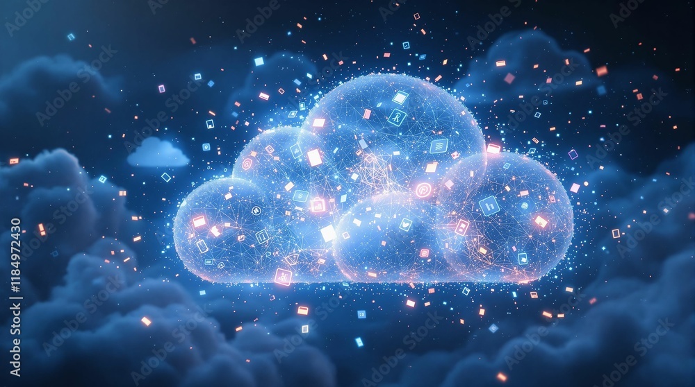 digital cloud with glowing particles and a blue background, symbolizing cloud computing technology. digital cloud with glowing particles and a blue background, symbolizing cloud computing technology.