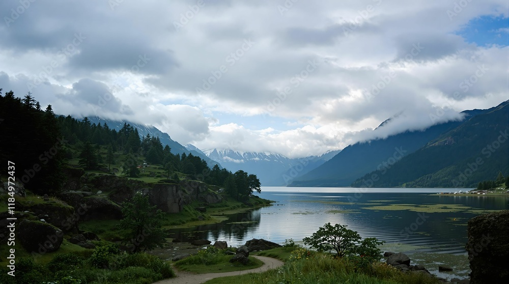 serene mountainous landscape with a calm lake surrounded by lush greenery and towering mountains. The sky is partly cloudy, adding a dramatic touch to the scene. serene mountainous landscape with a calm lake surrounded by lush greenery and towering mountains. The sky is partly cloudy, adding a dramatic touch to the scene.