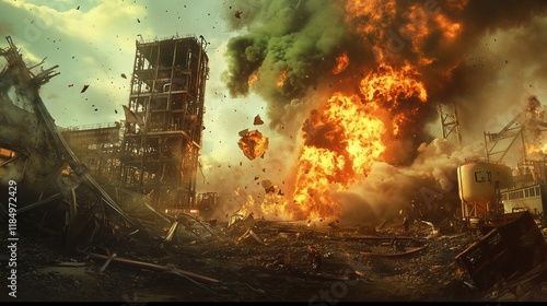 An explosion at an industrial facility after a military strike. A large-scale fire and destruction at an industrial facility as a result of a missile or air strike.