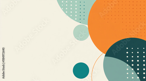 abstract geometric composition with large circles in teal orange and beige featuring a modern halftone texture on a light background  
