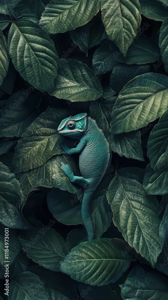 Fototapeta premium A vibrant green chameleon camouflaged among lush leaves in a serene jungle setting.