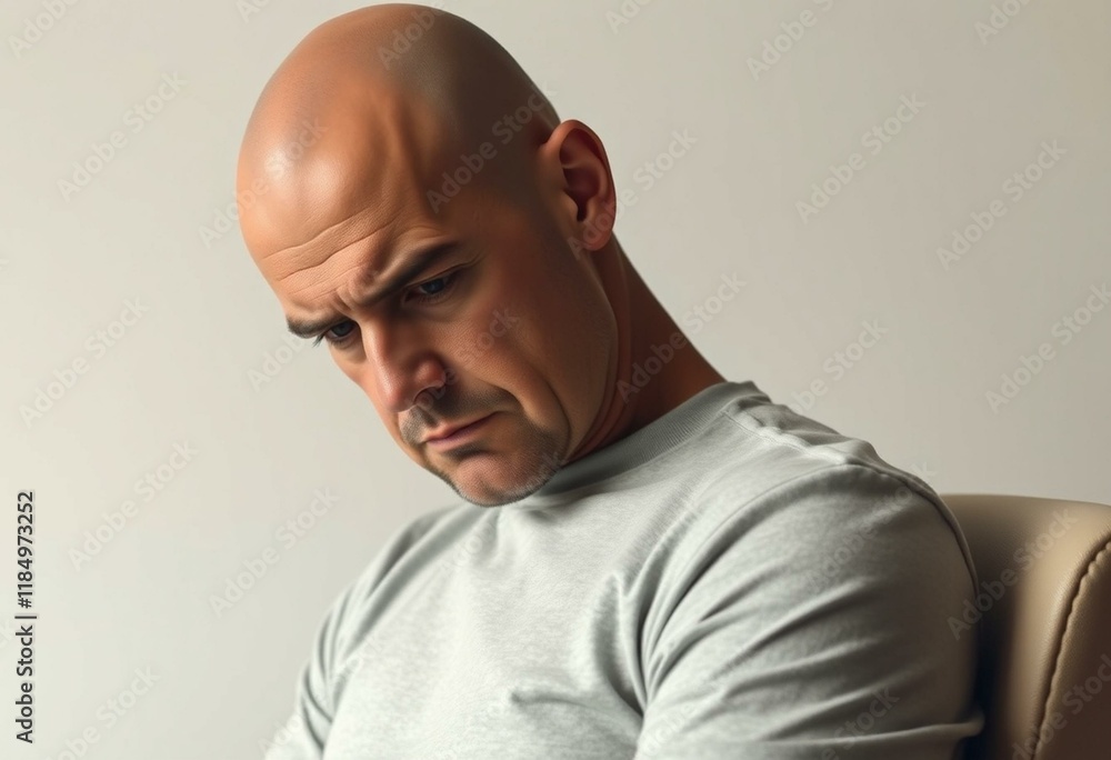 Obraz premium A bald man with a scowl, looking down, with a stern expression