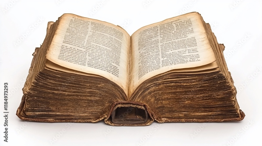 Open antique book with aged, yellowed pages and worn leather cover on white background.
