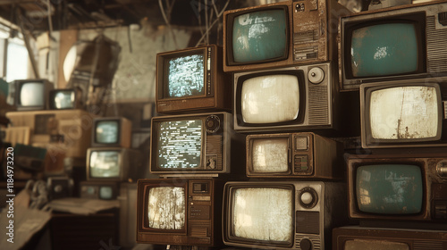 A collection of vintage televisions stacked in an old room, with static on some screens. The nostalgic and retro vibe is ideal for technology, history, or media-related themes. photo