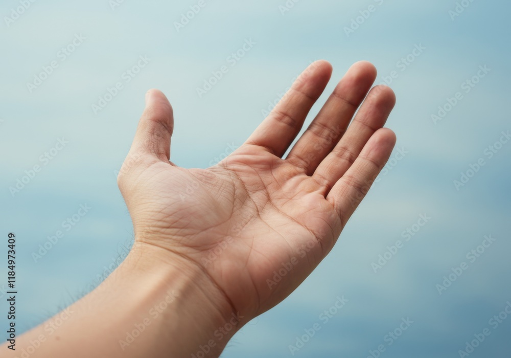 Open hand reaching out against sky background Open hand reaching out against sky background