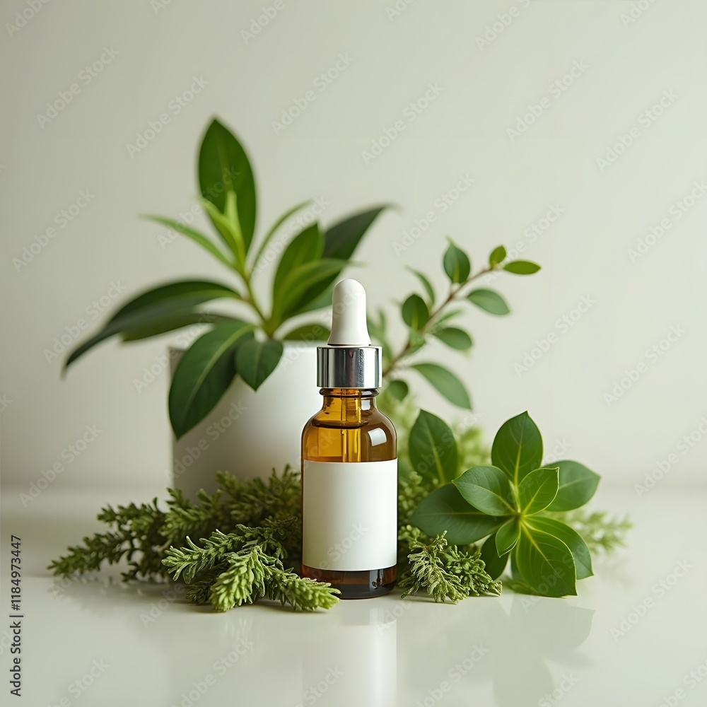 Harmonious Elegance A Serum Dropper Bottle among Lush Herbs Harmonious Elegance A Serum Dropper Bottle among Lush Herbs
