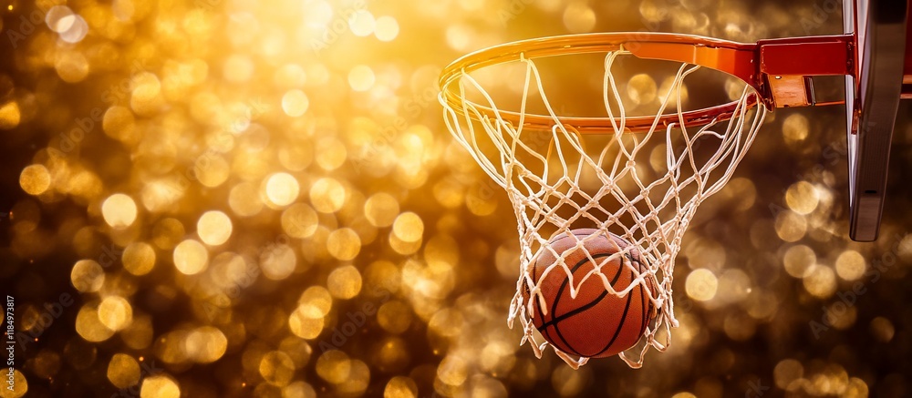 Basketball in net, gold bokeh background. Basketball in net, gold bokeh background.