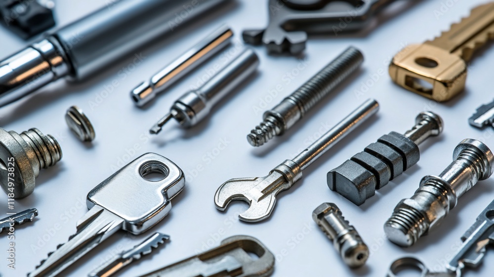 Close-up of various metal keys, bolts, screws, and mechanical parts on a white background. Close-up of various metal keys, bolts, screws, and mechanical parts on a white background.
