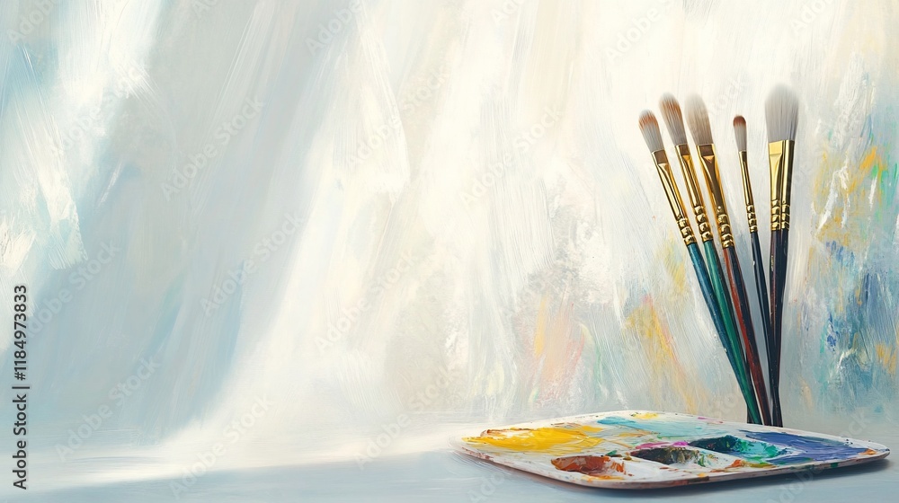 Obraz premium Paintbrushes and palette on painted backdrop.