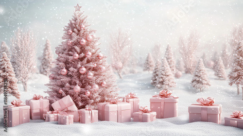 A pink Christmas tree decorated with matching ornaments, surrounded by pink gift boxes in a snowy winter landscape. A magical and stylish holiday scene perfect for festive projects. photo