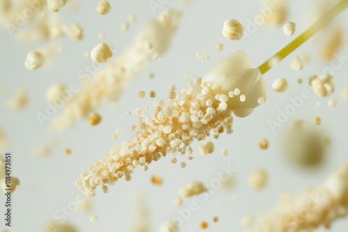 A flower's pollen explodes in mid-air, releasing tiny golden grains.