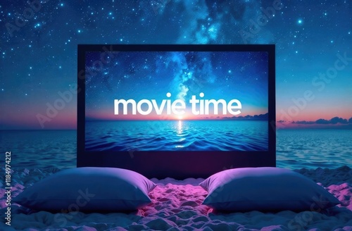 Enjoying movie time under the stars on a serene beach at twilight