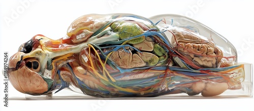 Detailed anatomical model showcasing internal organs, circulatory, and nervous systems. photo