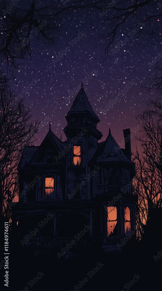 A Haunted Victorian House Underneath A Starry Night Sky A Haunted Victorian House Underneath A Starry Night Sky