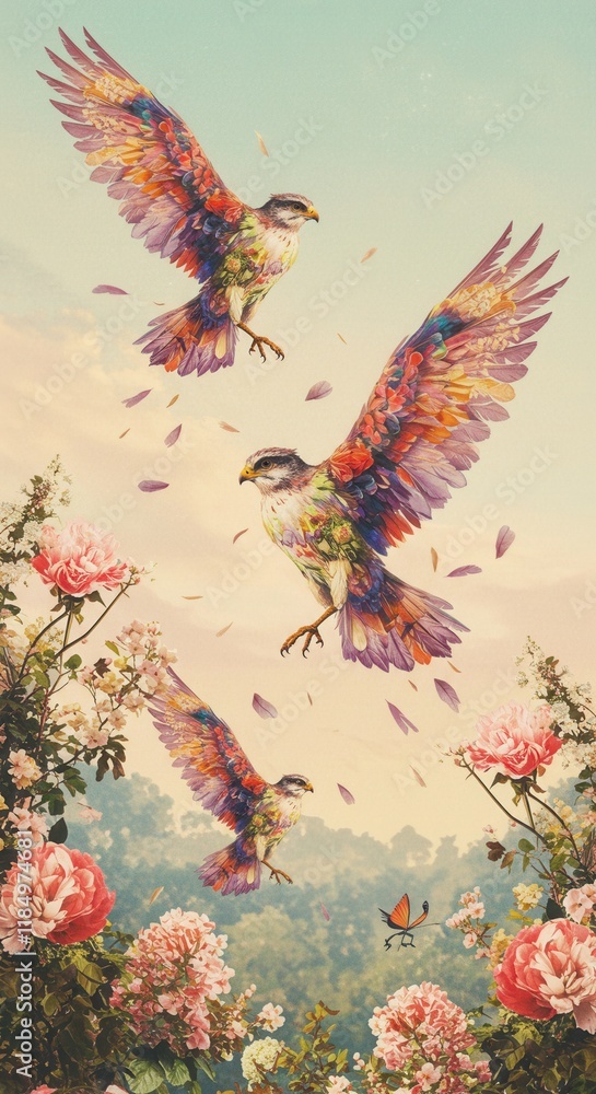 Obraz premium Vibrant birds in flight among blooming roses and butterflies in a fantasy garden