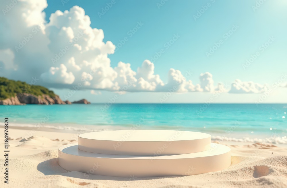 Beach podium summer background sand product 3D sea display platform. Beach podium summer banner stand scene sale sky holiday vacation stage water island sun travel pedestal promotion Beach podium summer background sand product 3D sea display platform. Beach podium summer banner stand scene sale sky holiday vacation stage water island sun travel pedestal promotion
