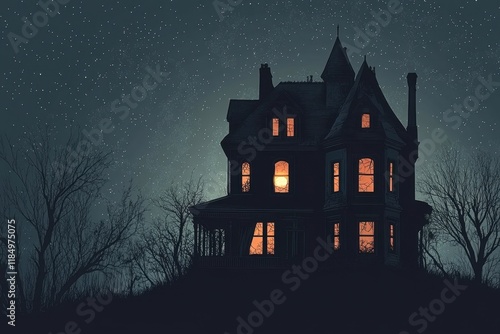 A Haunted Victorian House Underneath a Starry Night Sky photo