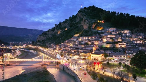 Albania Berat city sunset light, river Osumi, bridge over river, old medieval Hause 3 January 2025