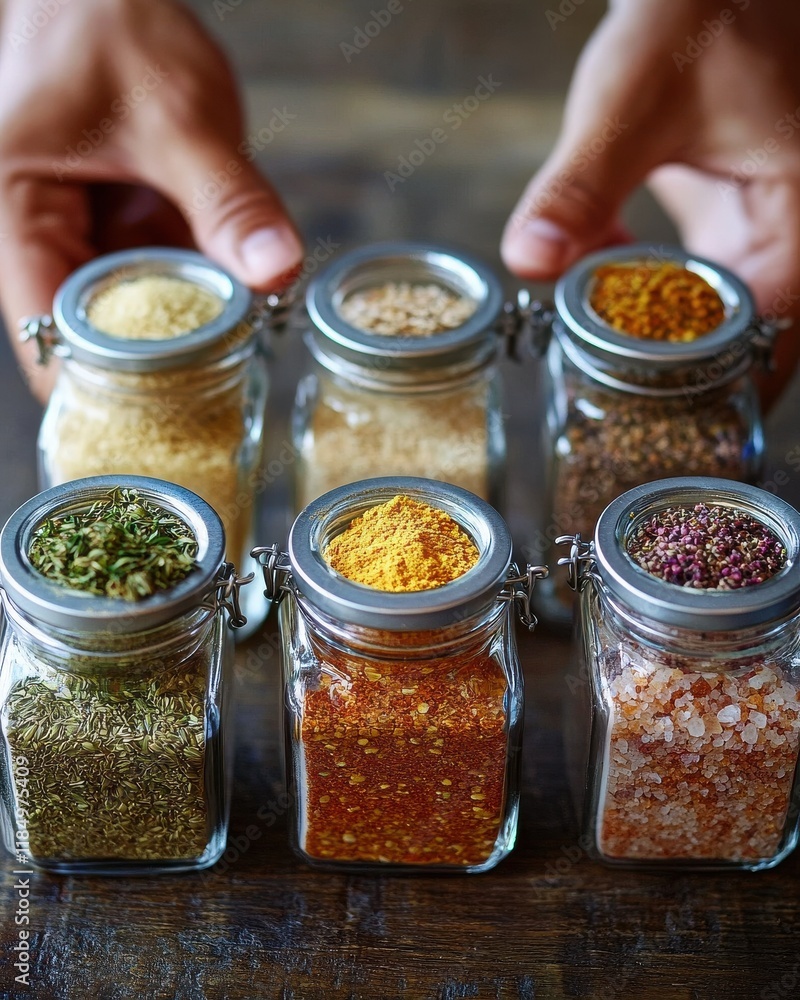 Hands of a person holding jars filled with colorful spices arranged in a row on a wooden table. Hands of a person holding jars filled with colorful spices arranged in a row on a wooden table.