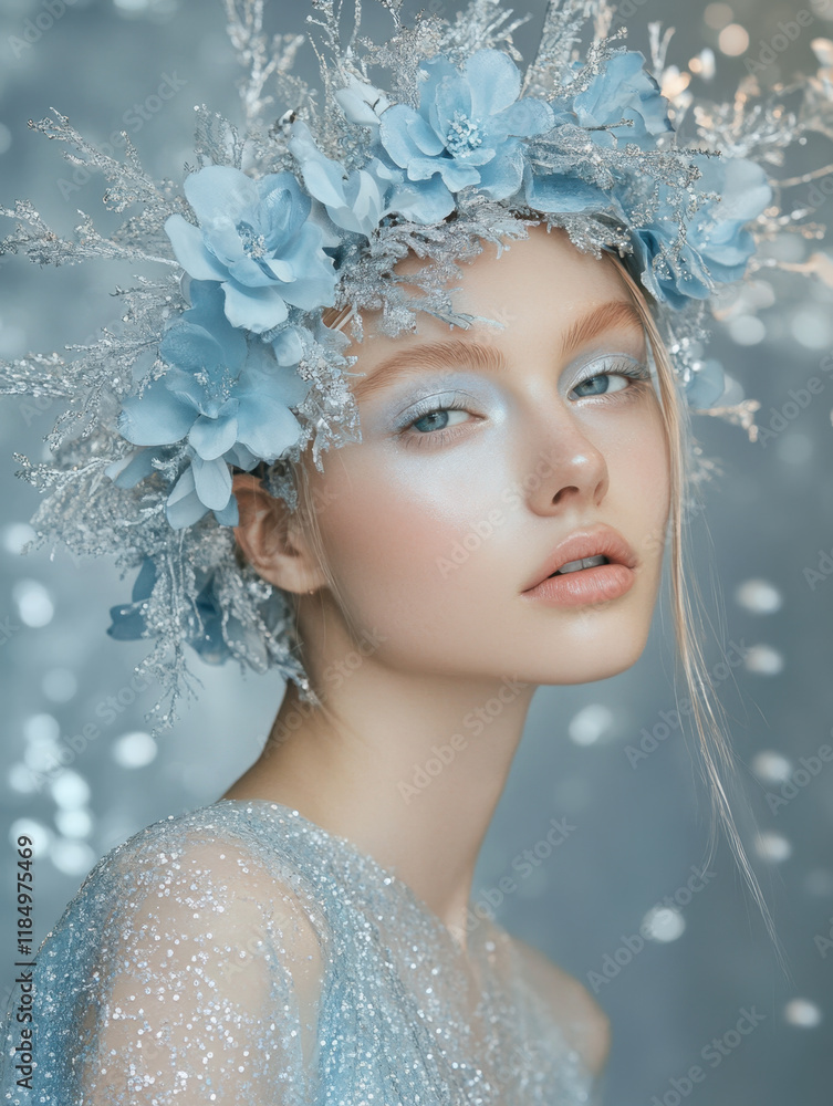 Portrait of a model with an icy blue floral headpiece and glittering outfit, set against a sparkling background, evoking a winter-inspired elegance. Portrait of a model with an icy blue floral headpiece and glittering outfit, set against a sparkling background, evoking a winter-inspired elegance.