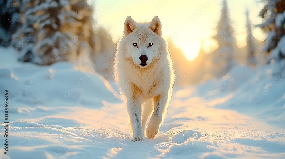 Obraz premium A white wolf walks through a snowy landscape, illuminated by warm sunlight, creating a serene and majestic scene.
