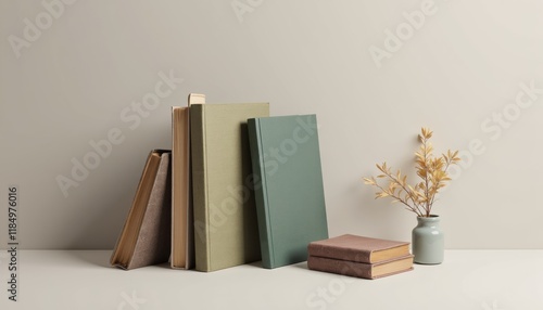 A family of books mockup with the books slightly angled on a flat surface, highlighting the realistic textures and cover designs photo