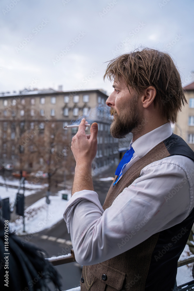 A pensive man in vintage clothing smokes on a balcony, overlooking a quiet urban scene under soft daylight, exuding a nostalgic and introspective mood.