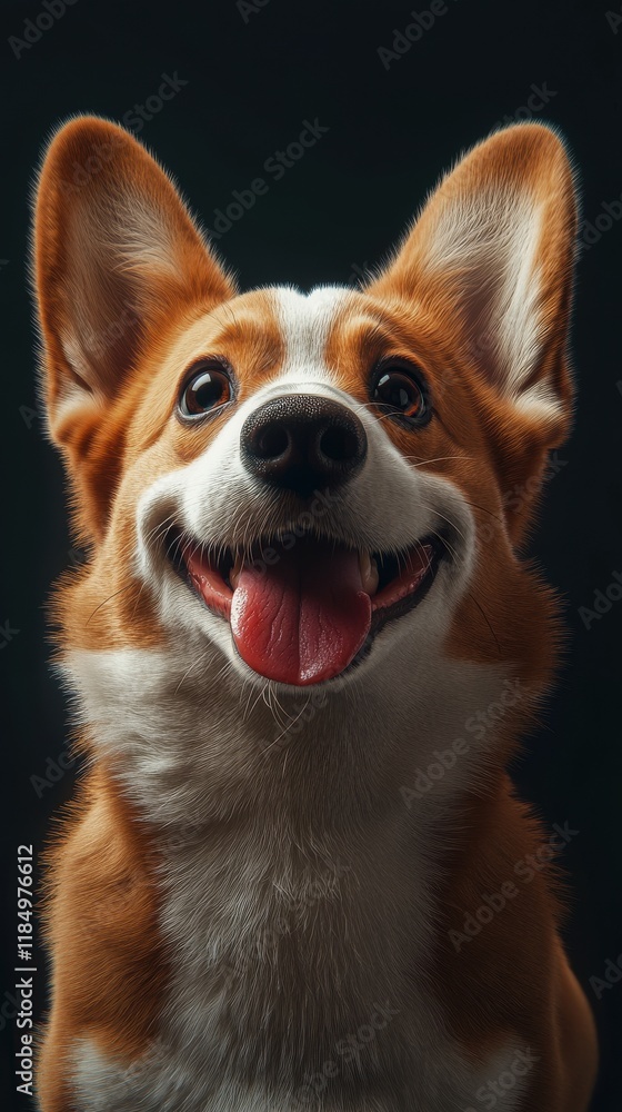 Happy Corgi with a big smile against a dark background, showcasing its vibrant fur and playful personality. Happy Corgi with a big smile against a dark background, showcasing its vibrant fur and playful personality.