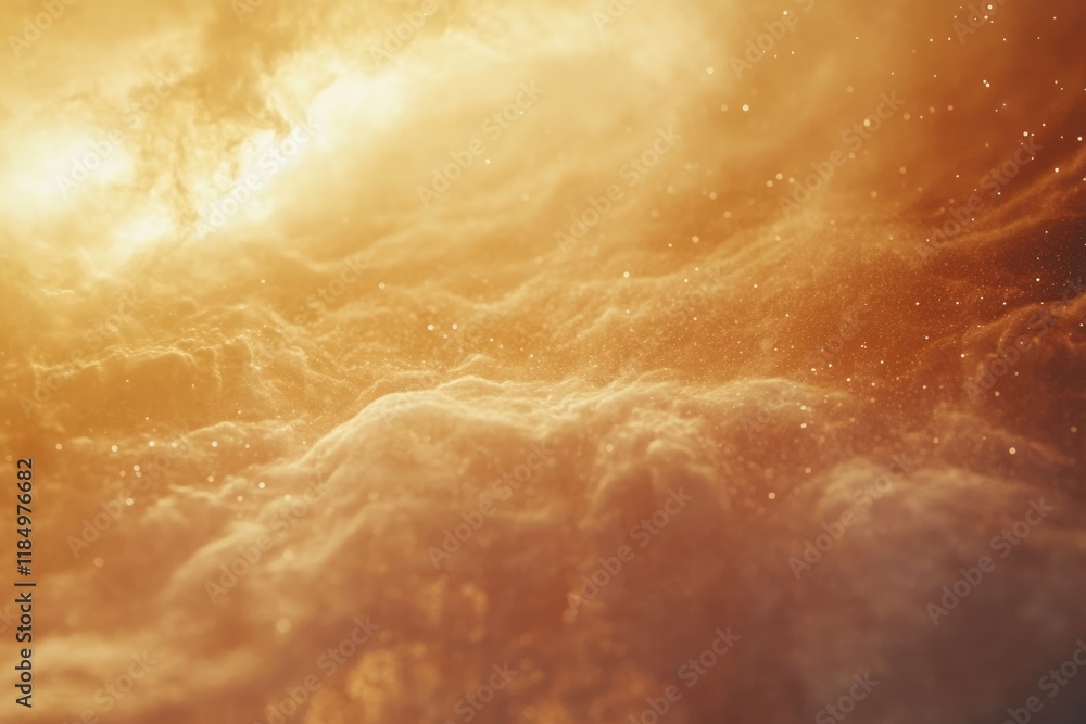 Abstract golden cloudscape with bright light, sparkling dust particles, creating a dreamy, ethereal atmosphere. Abstract golden cloudscape with bright light, sparkling dust particles, creating a dreamy, ethereal atmosphere.