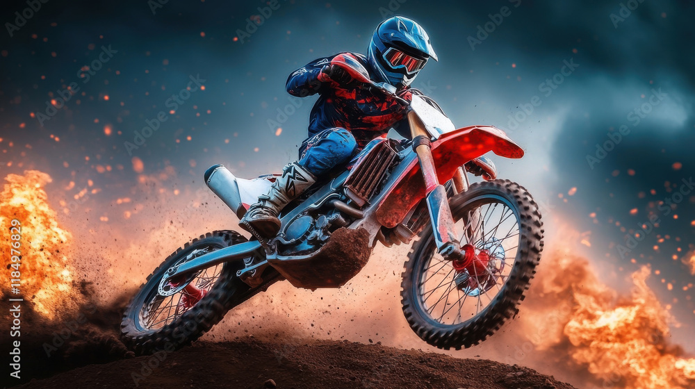 Motocross rider performing stunt with fire in background Motocross rider performing stunt with fire in background