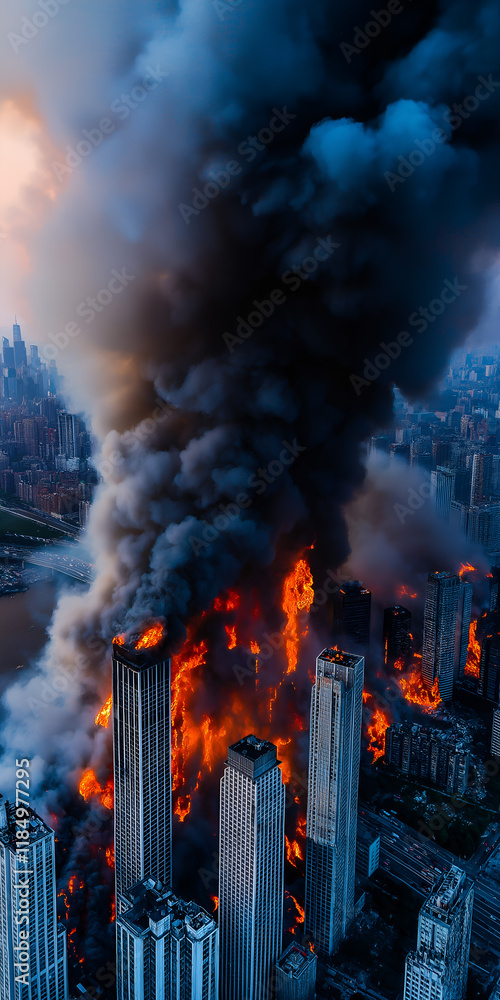 Obraz premium Fire in the city, burning roofs of skyscrapers. The city destroys the flames. Natural disaster from fire in the big city. City fire concept.