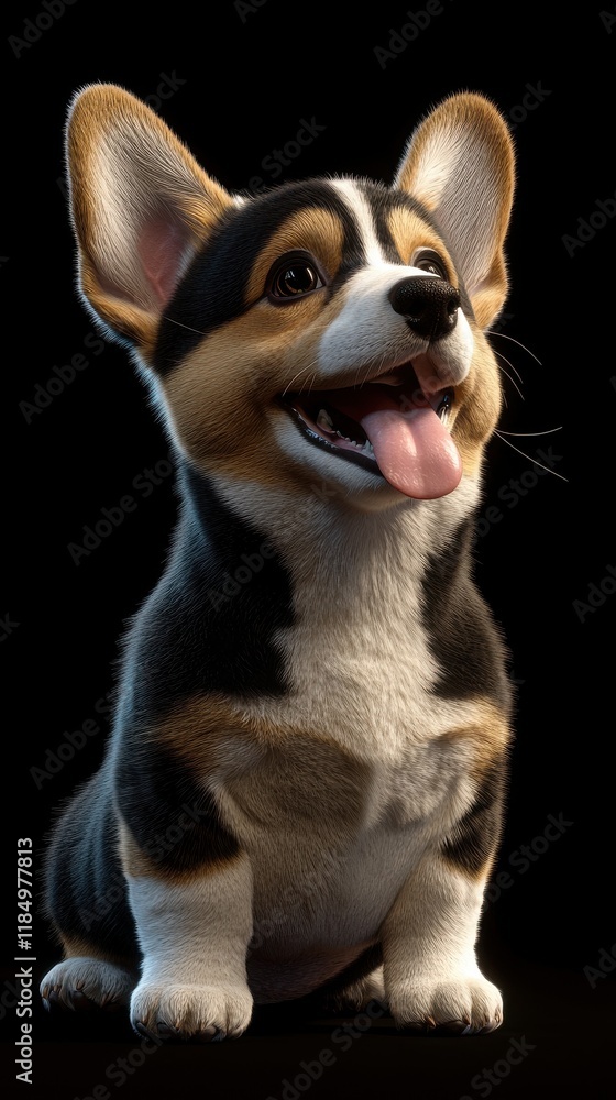 A cheerful, animated corgi puppy with big ears and a playful expression, set against a black background. A cheerful, animated corgi puppy with big ears and a playful expression, set against a black background.