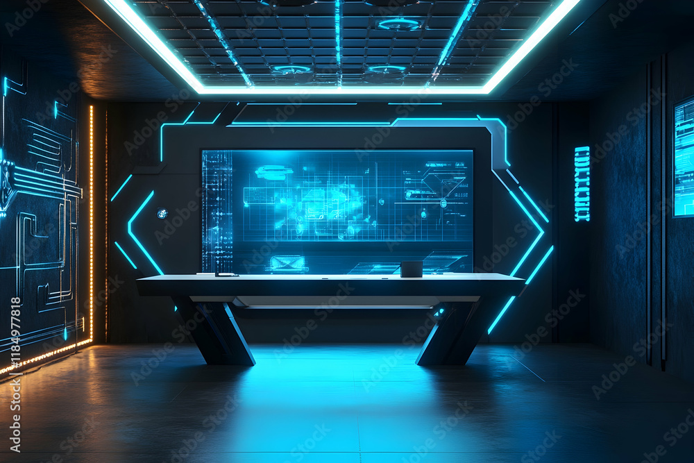 Fototapeta premium Futuristic tech conference booth design with space for text