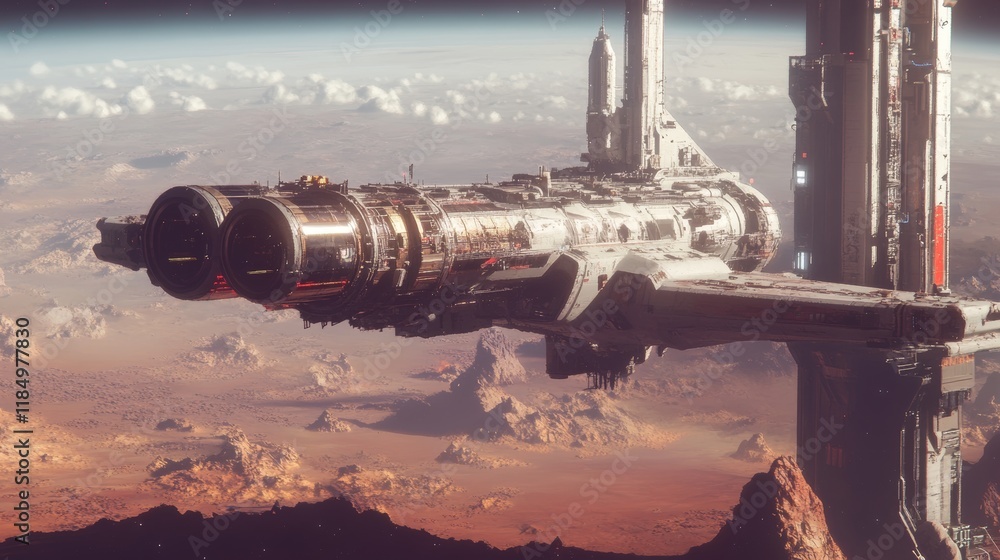 Fototapeta premium Space station building on planet vector landscape. Futuristic spaceship on Mars city base cartoon background. Alien colony in cosmos with exploration mission and research adventure game banner