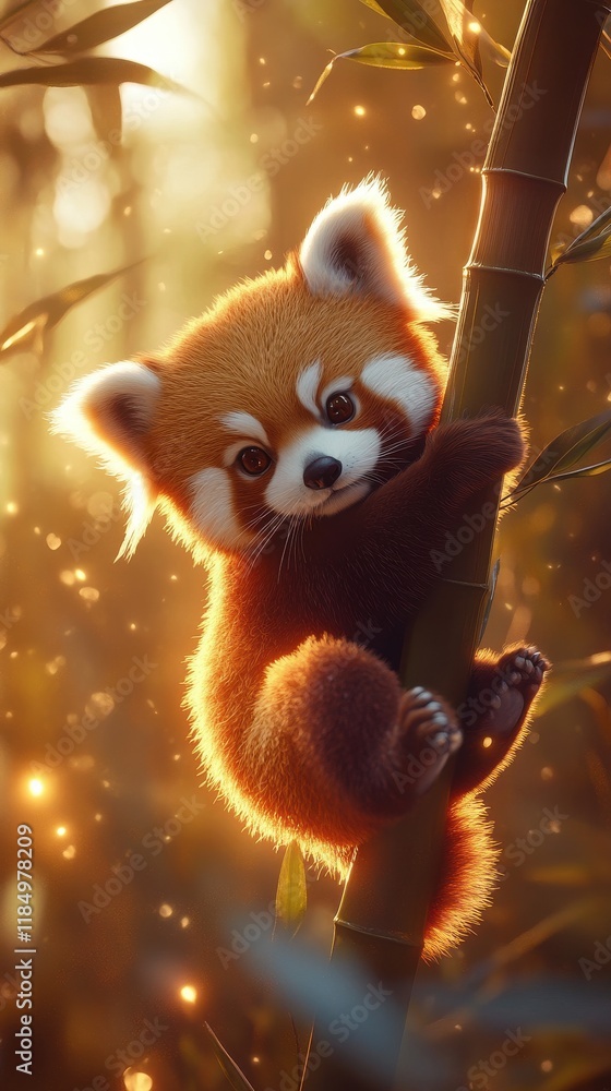 An adorable cartoon red panda clambers playfully up a bamboo stalk in a magical, glowing forest. An adorable cartoon red panda clambers playfully up a bamboo stalk in a magical, glowing forest.
