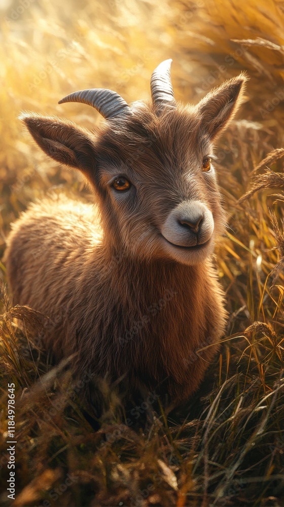 Fototapeta premium A playful baby goat among golden grass, radiating joy and curiosity in a sunlit meadow.