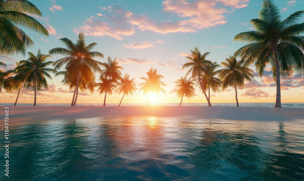 Vibrant ocean, sunset reflection on the water, palm trees lining a sandy beach, tropical island getaway. Vibrant ocean, sunset reflection on the water, palm trees lining a sandy beach, tropical island getaway.